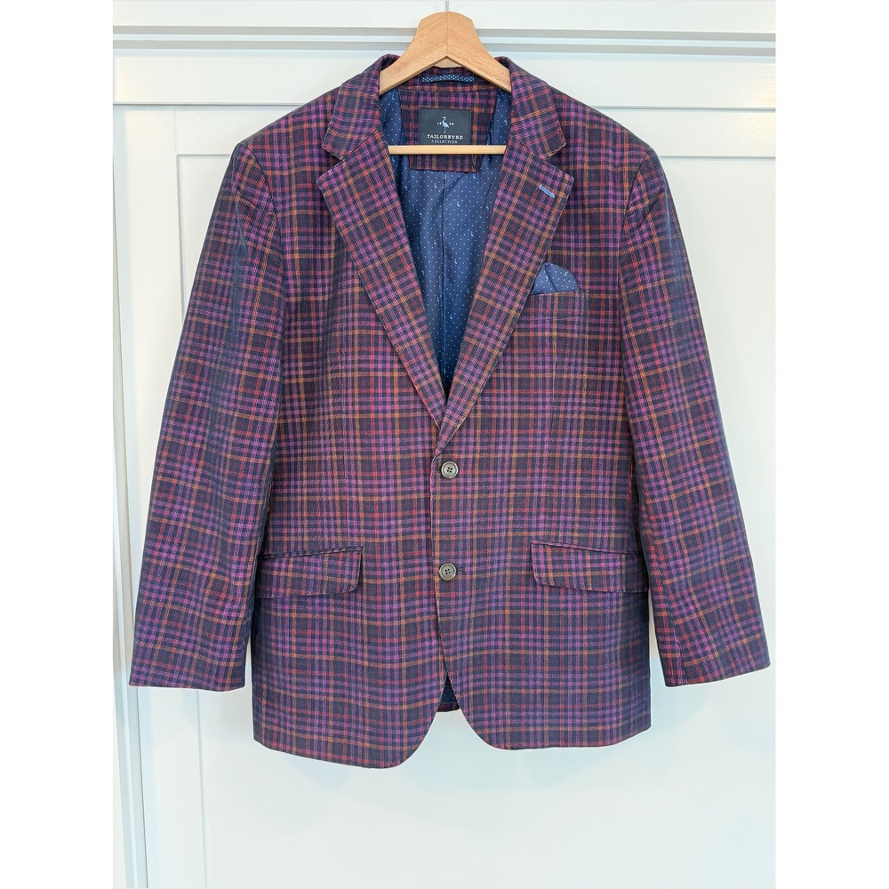 Tailorbyrd Collection Mens 42R Purple Orange Plaid Blazer Sport Coat Pocket Sq